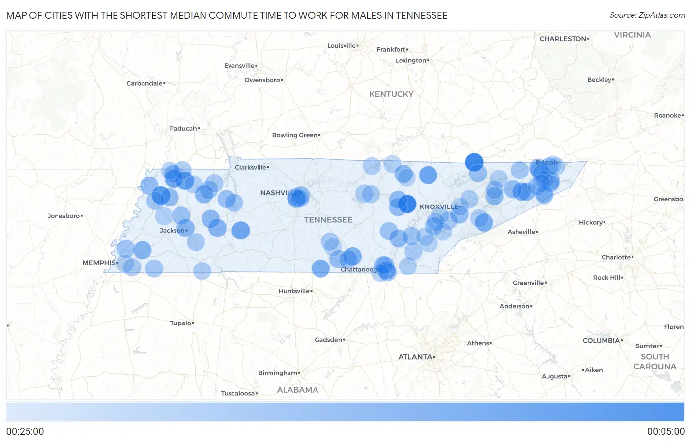 Cities with the Shortest Median Commute Time to Work for Males in Tennessee Map