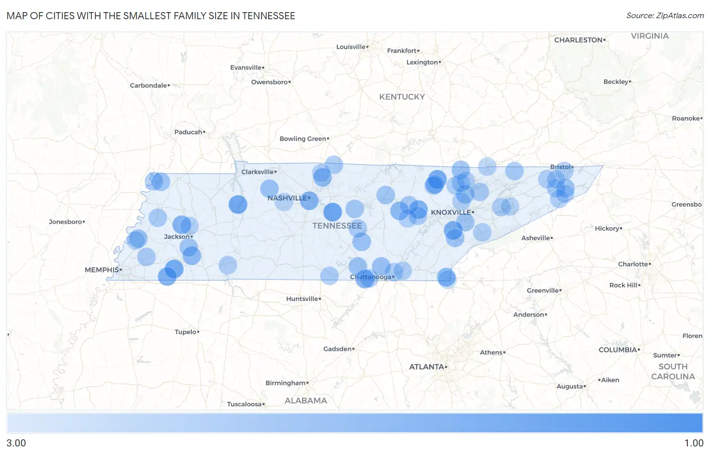 Cities with the Smallest Family Size in Tennessee Map