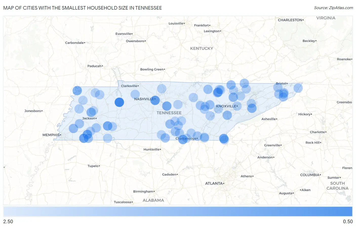 Cities with the Smallest Household Size in Tennessee Map