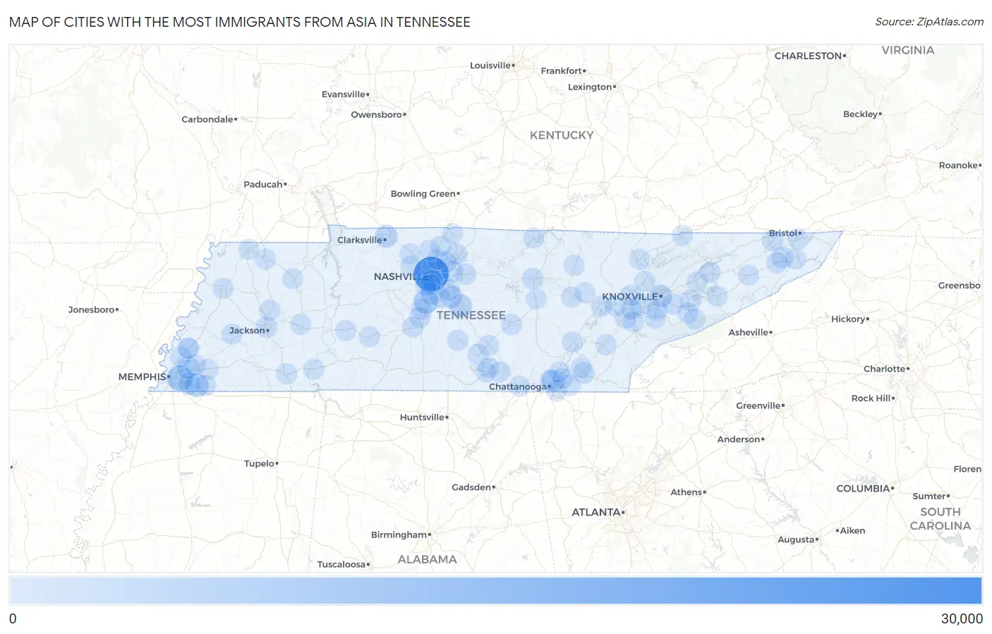 Cities with the Most Immigrants from Asia in Tennessee Map