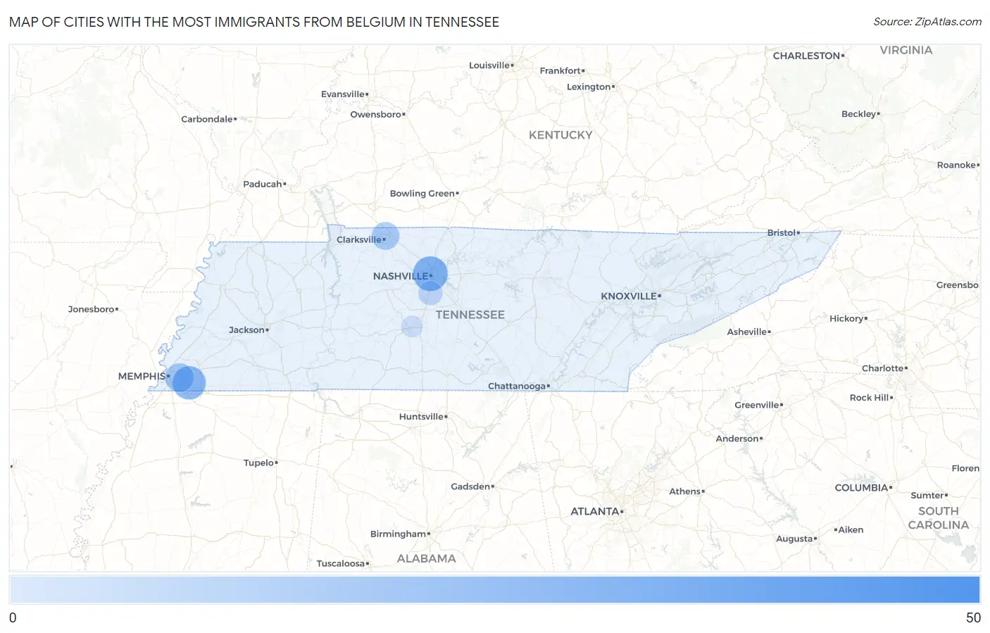 Cities with the Most Immigrants from Belgium in Tennessee Map