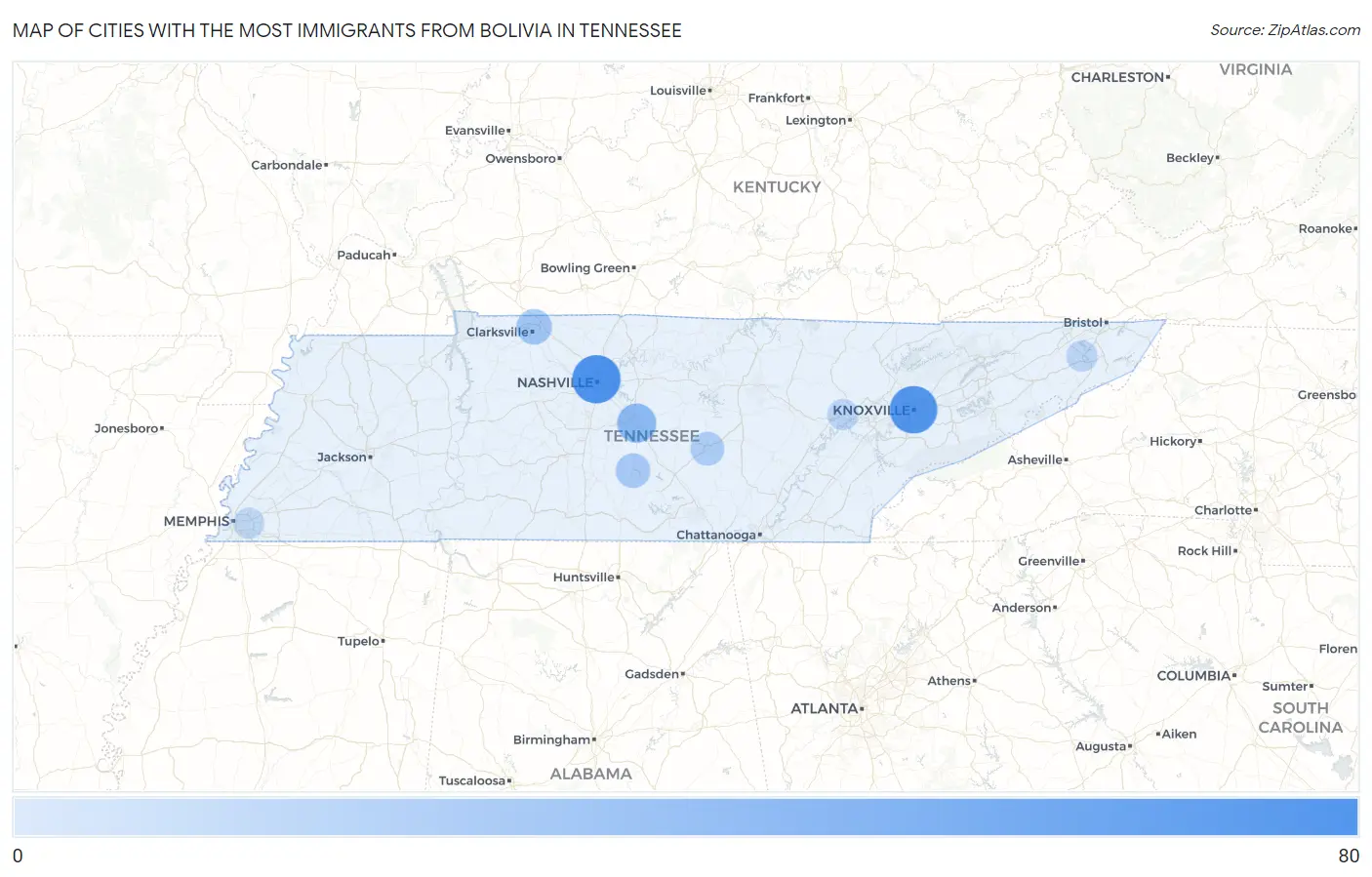 Cities with the Most Immigrants from Bolivia in Tennessee Map