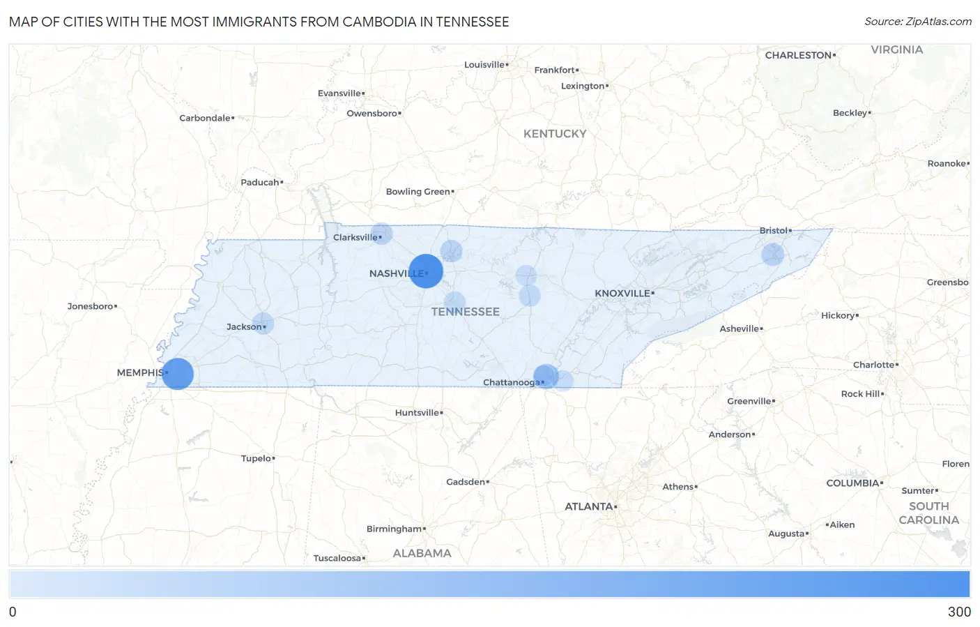 Cities with the Most Immigrants from Cambodia in Tennessee Map