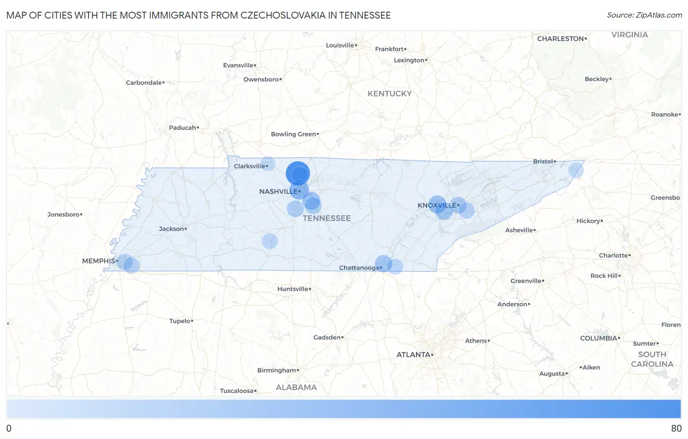 Cities with the Most Immigrants from Czechoslovakia in Tennessee Map
