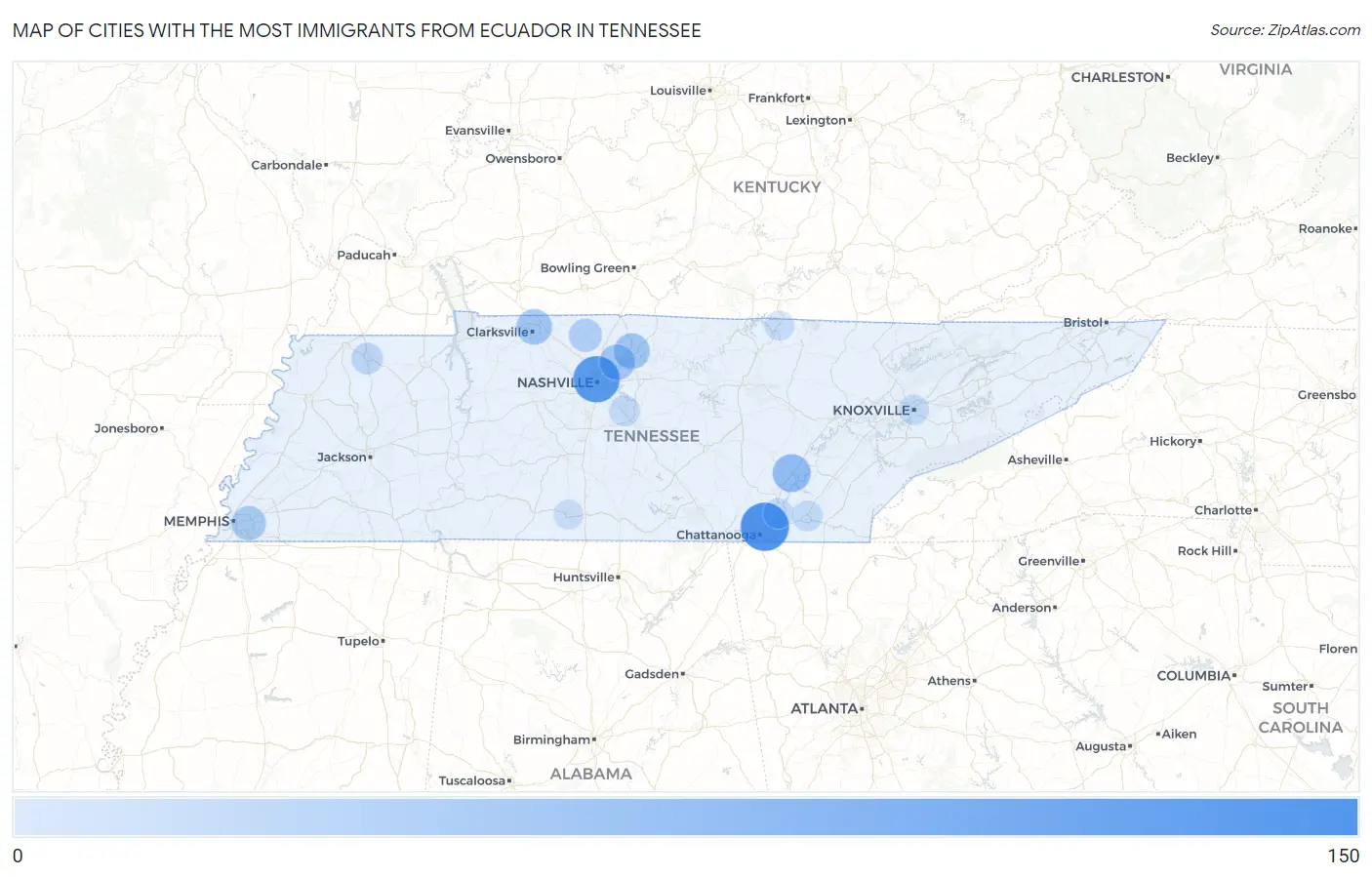 Cities with the Most Immigrants from Ecuador in Tennessee Map