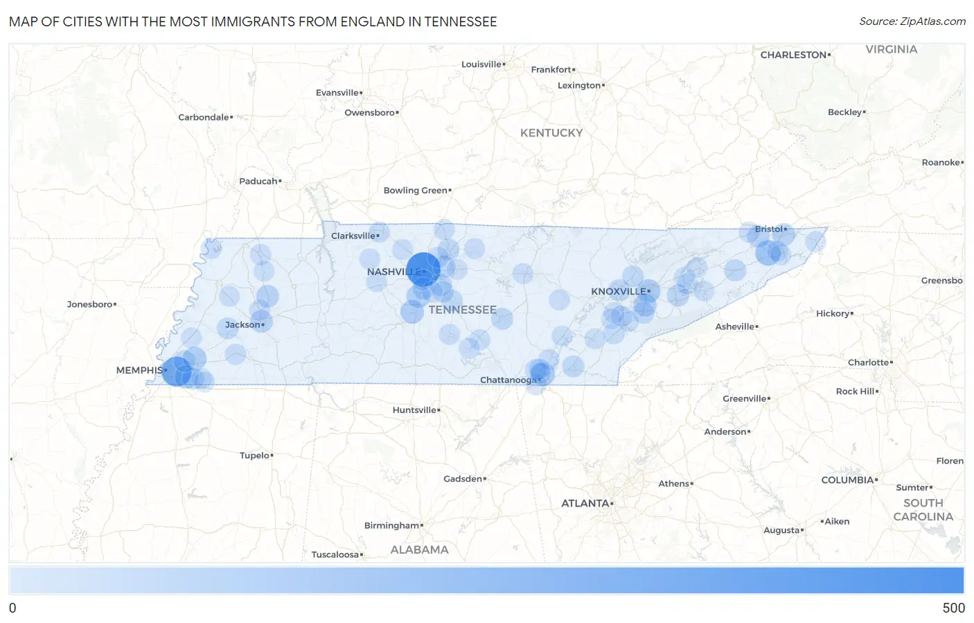 Cities with the Most Immigrants from England in Tennessee Map