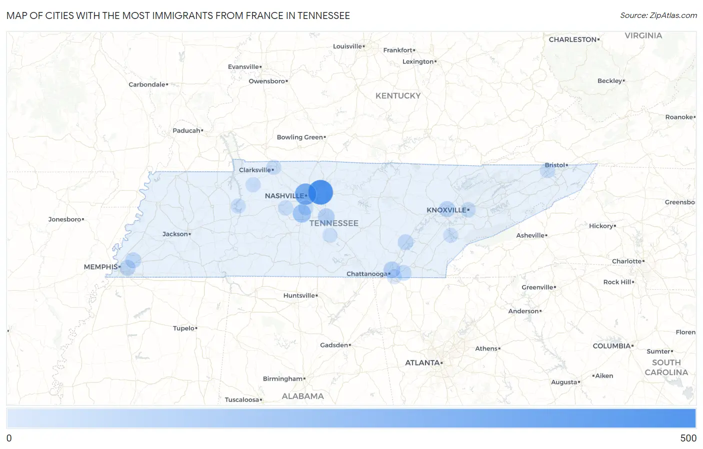 Cities with the Most Immigrants from France in Tennessee Map
