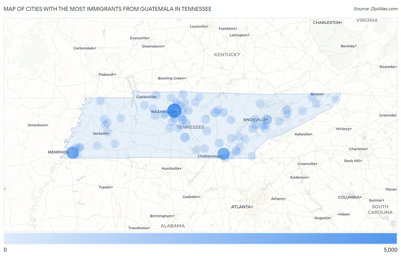 Cities with the Most Immigrants from Guatemala in Tennessee Map