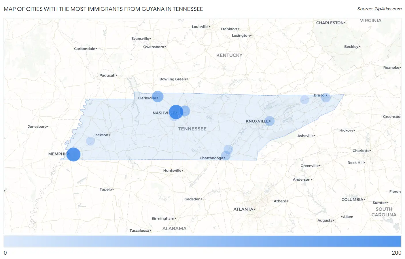Cities with the Most Immigrants from Guyana in Tennessee Map