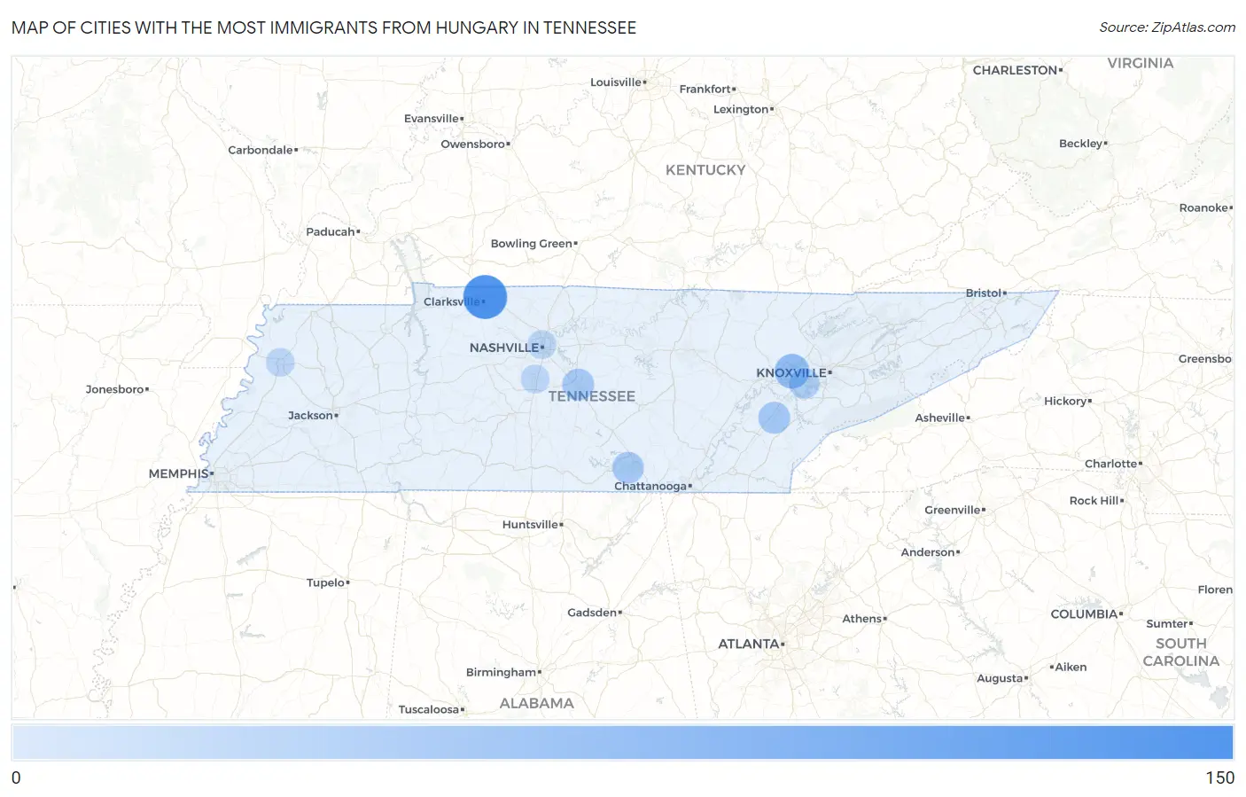 Cities with the Most Immigrants from Hungary in Tennessee Map