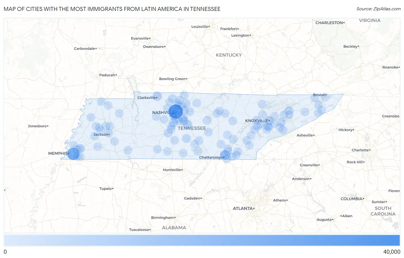 Cities with the Most Immigrants from Latin America in Tennessee Map
