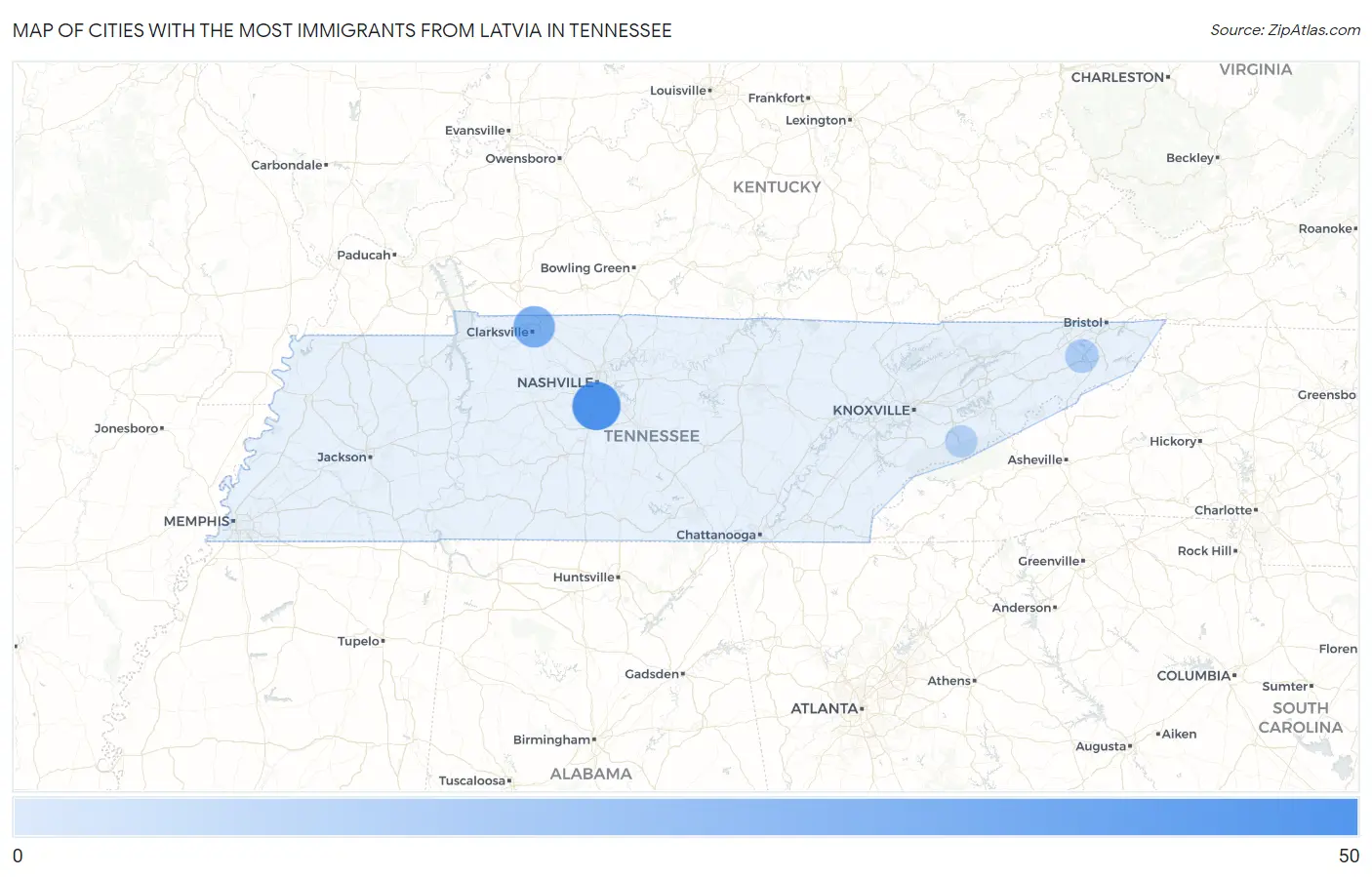 Cities with the Most Immigrants from Latvia in Tennessee Map