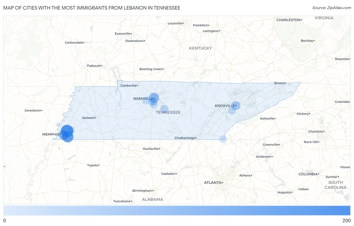 Cities with the Most Immigrants from Lebanon in Tennessee Map