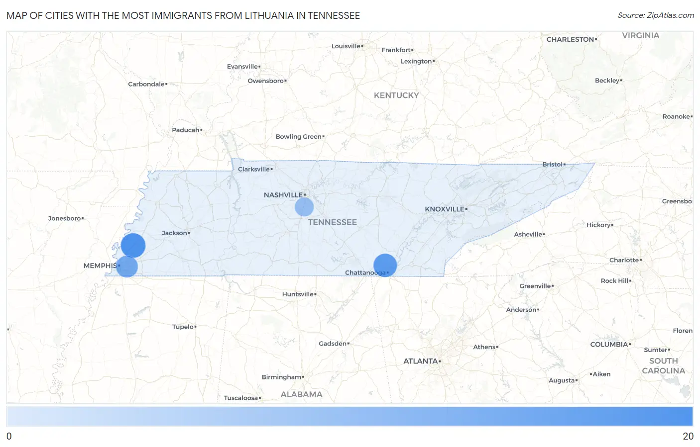 Cities with the Most Immigrants from Lithuania in Tennessee Map