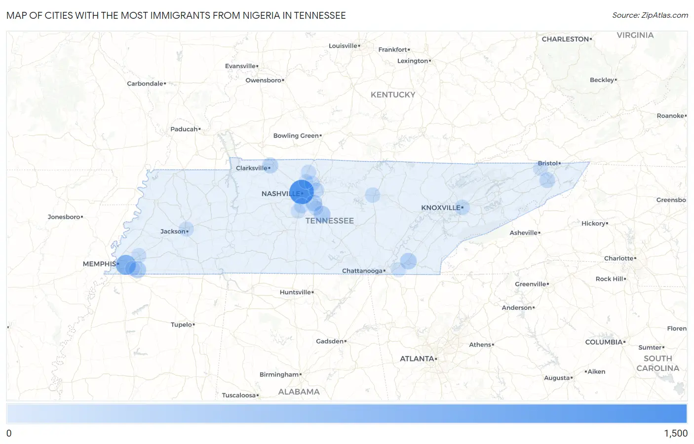Cities with the Most Immigrants from Nigeria in Tennessee Map