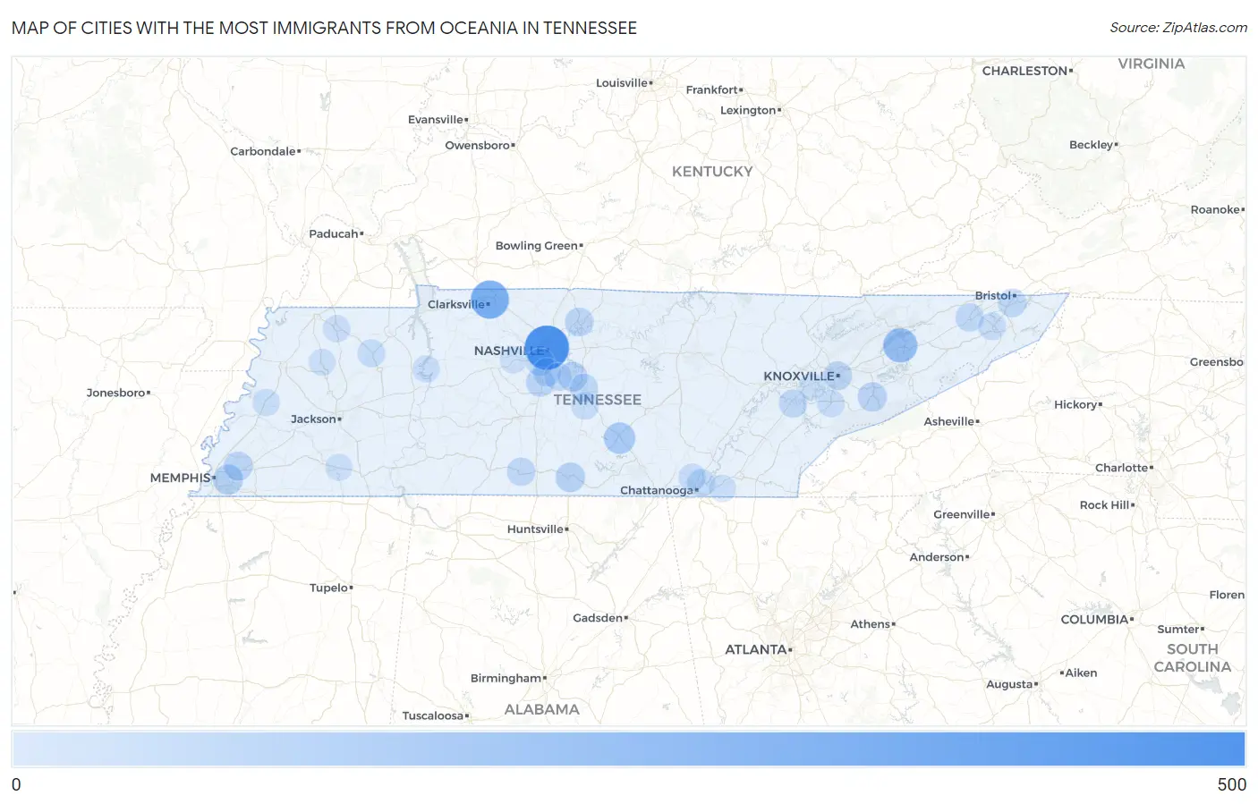 Cities with the Most Immigrants from Oceania in Tennessee Map