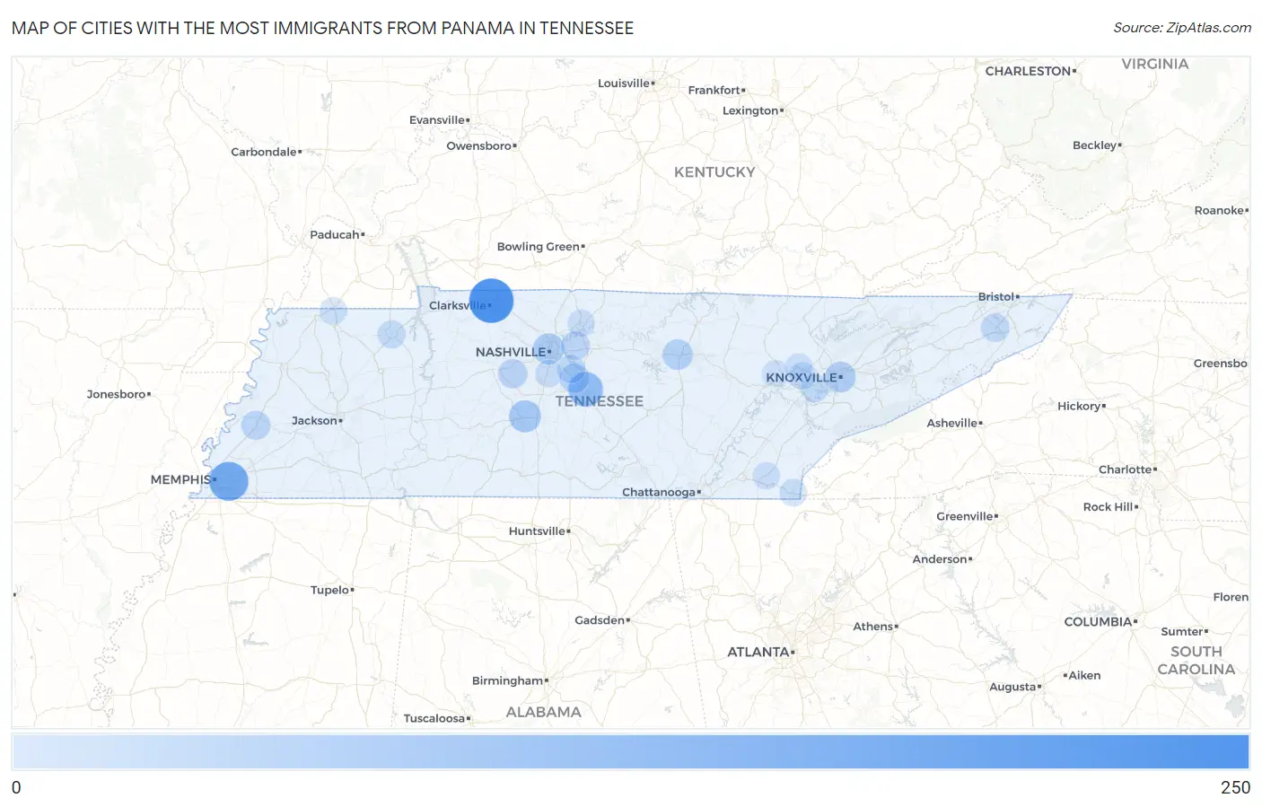 Cities with the Most Immigrants from Panama in Tennessee Map