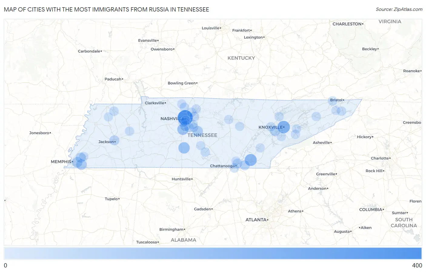 Cities with the Most Immigrants from Russia in Tennessee Map