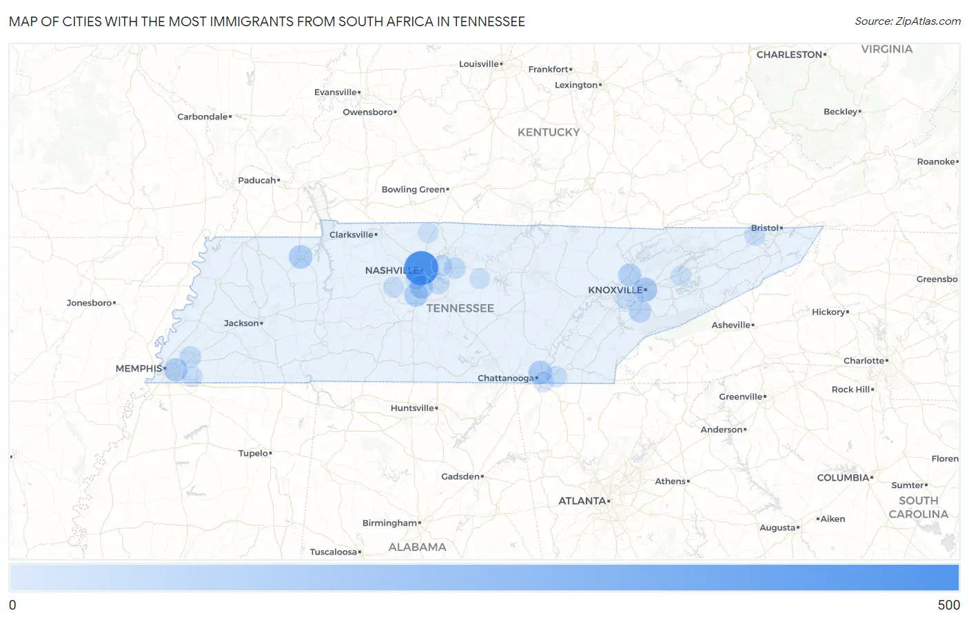 Cities with the Most Immigrants from South Africa in Tennessee Map