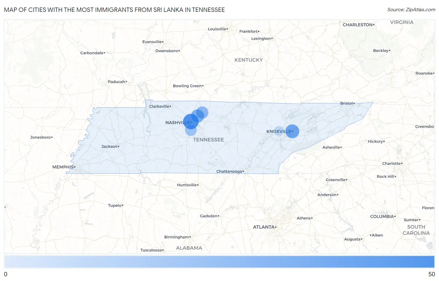 Cities with the Most Immigrants from Sri Lanka in Tennessee Map