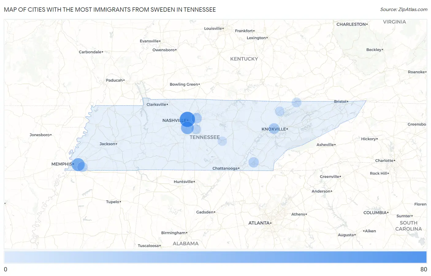 Cities with the Most Immigrants from Sweden in Tennessee Map