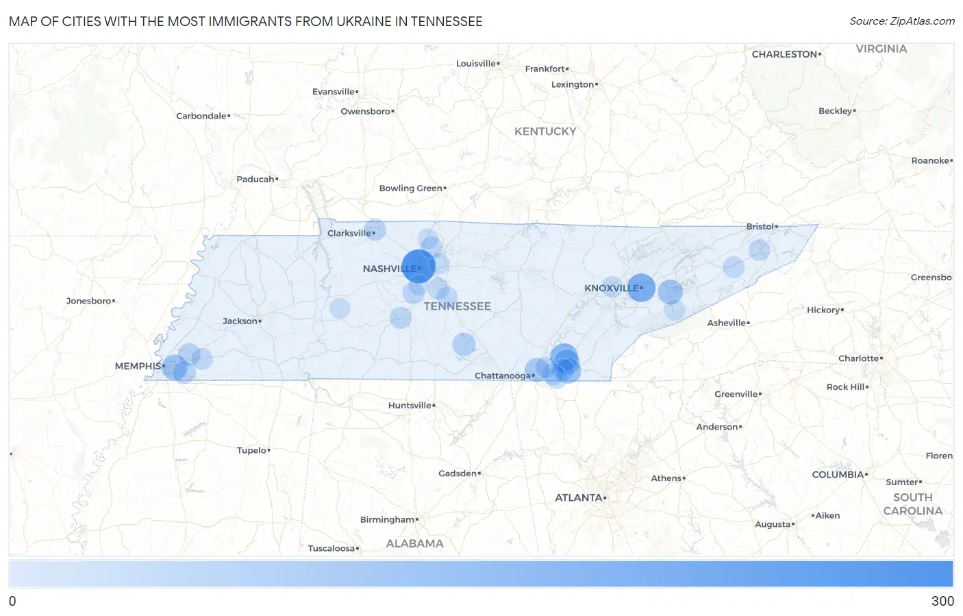 Cities with the Most Immigrants from Ukraine in Tennessee Map