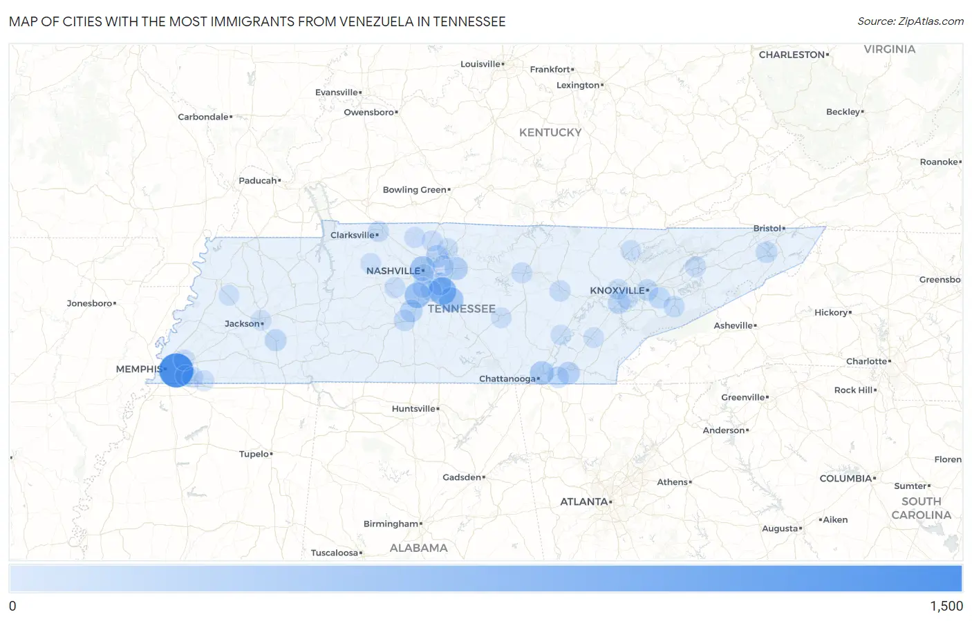 Cities with the Most Immigrants from Venezuela in Tennessee Map
