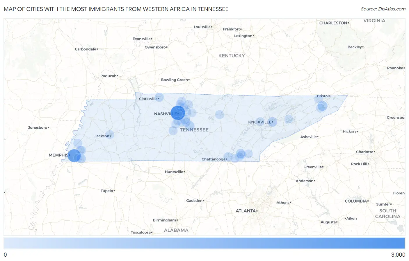 Cities with the Most Immigrants from Western Africa in Tennessee Map