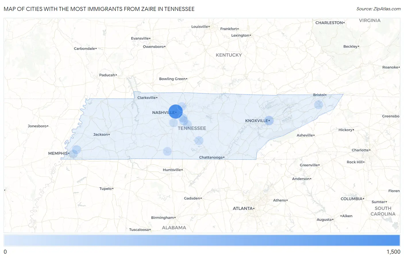 Cities with the Most Immigrants from Zaire in Tennessee Map