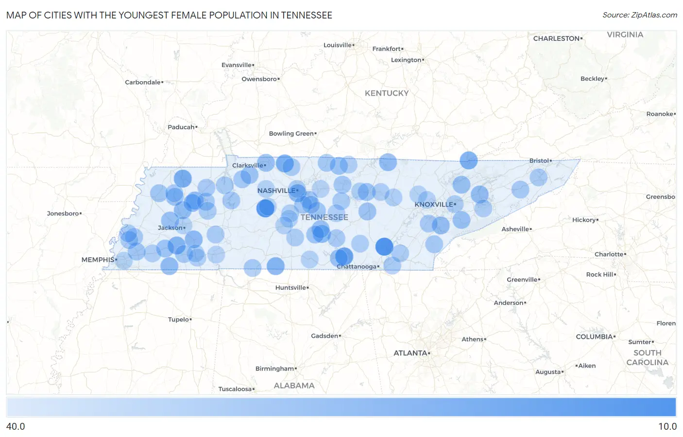 Cities with the Youngest Female Population in Tennessee Map