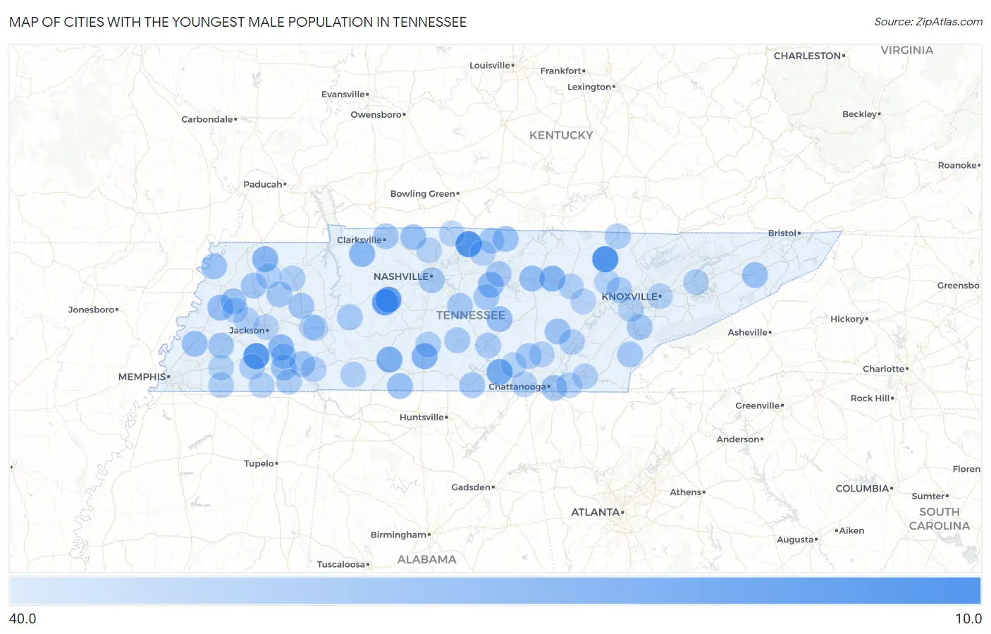 Cities with the Youngest Male Population in Tennessee Map