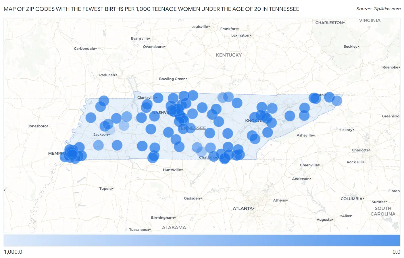 Zip Codes with the Fewest Births per 1,000 Teenage Women Under the Age of 20 in Tennessee Map