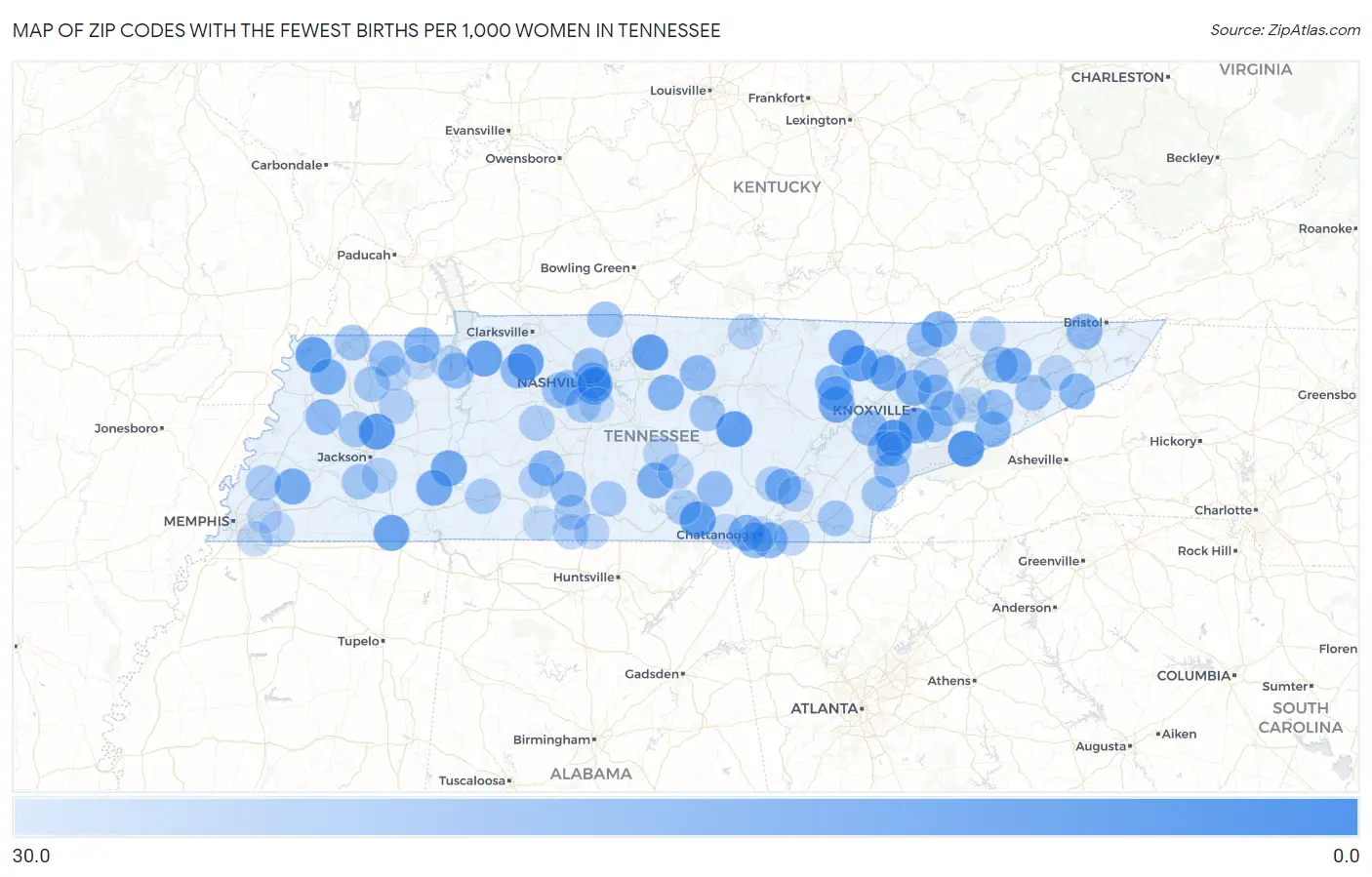 Zip Codes with the Fewest Births per 1,000 Women in Tennessee Map