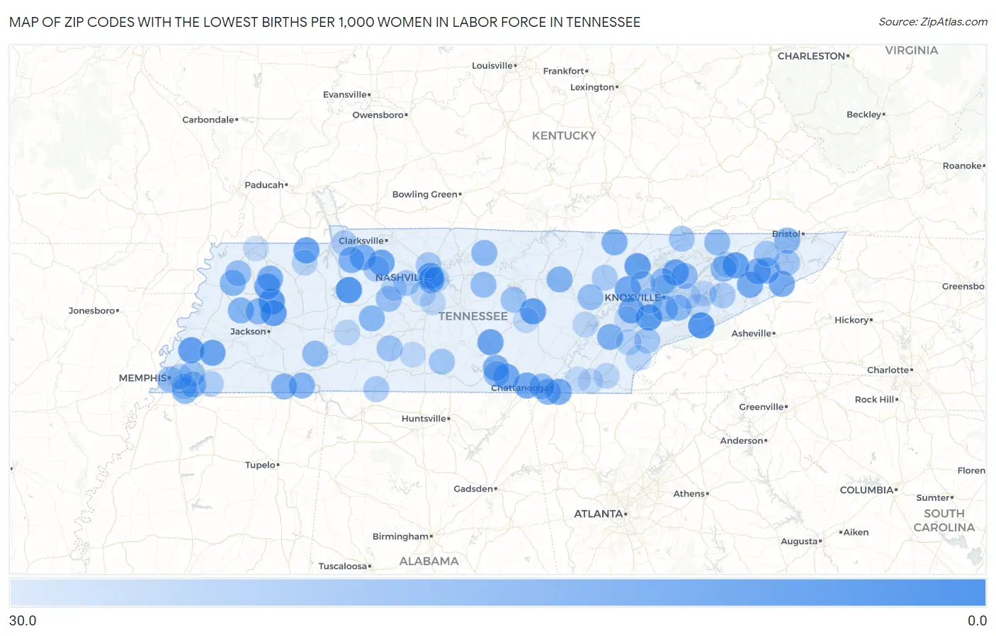 Zip Codes with the Lowest Births per 1,000 Women in Labor Force in Tennessee Map