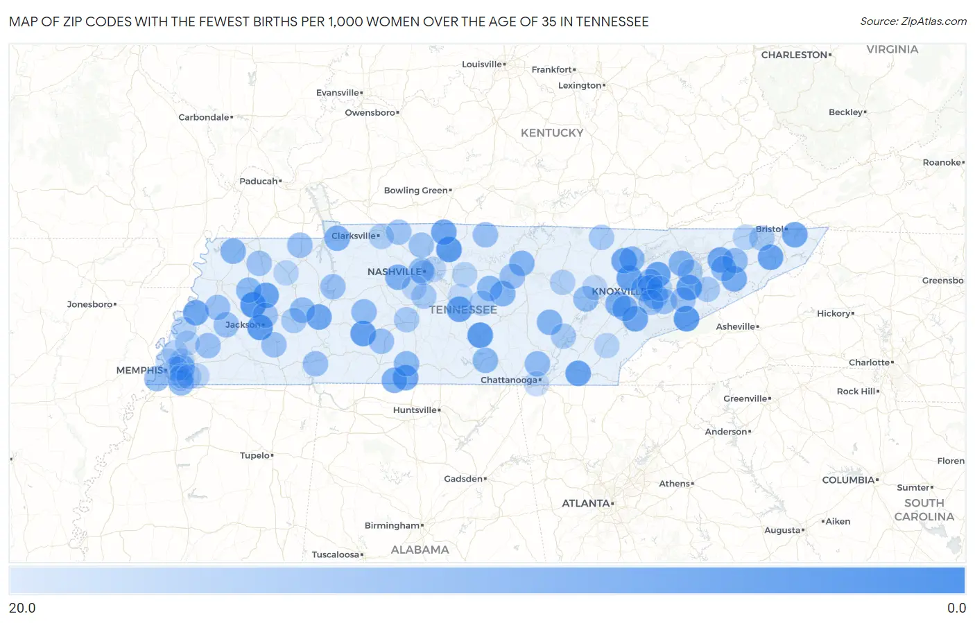 Zip Codes with the Fewest Births per 1,000 Women Over the Age of 35 in Tennessee Map
