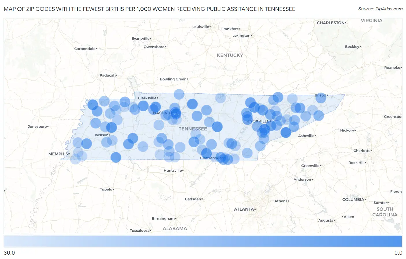 Zip Codes with the Fewest Births per 1,000 Women Receiving Public Assitance in Tennessee Map