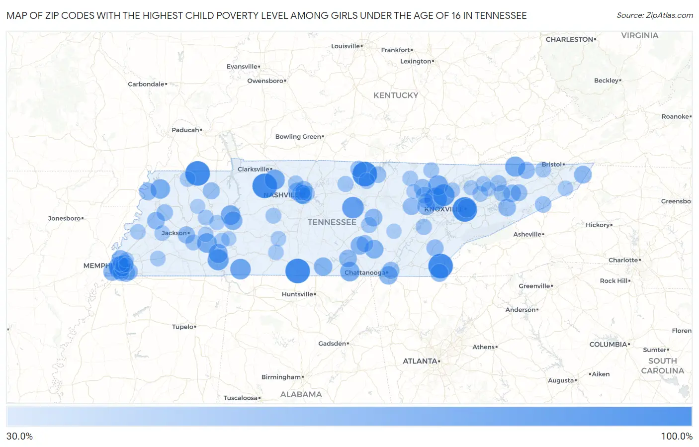Zip Codes with the Highest Child Poverty Level Among Girls Under the Age of 16 in Tennessee Map