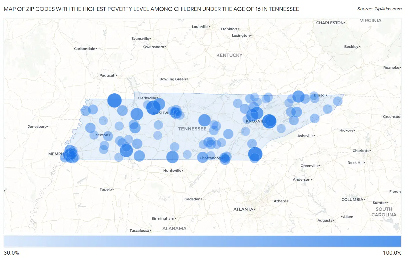 Zip Codes with the Highest Poverty Level Among Children Under the Age of 16 in Tennessee Map