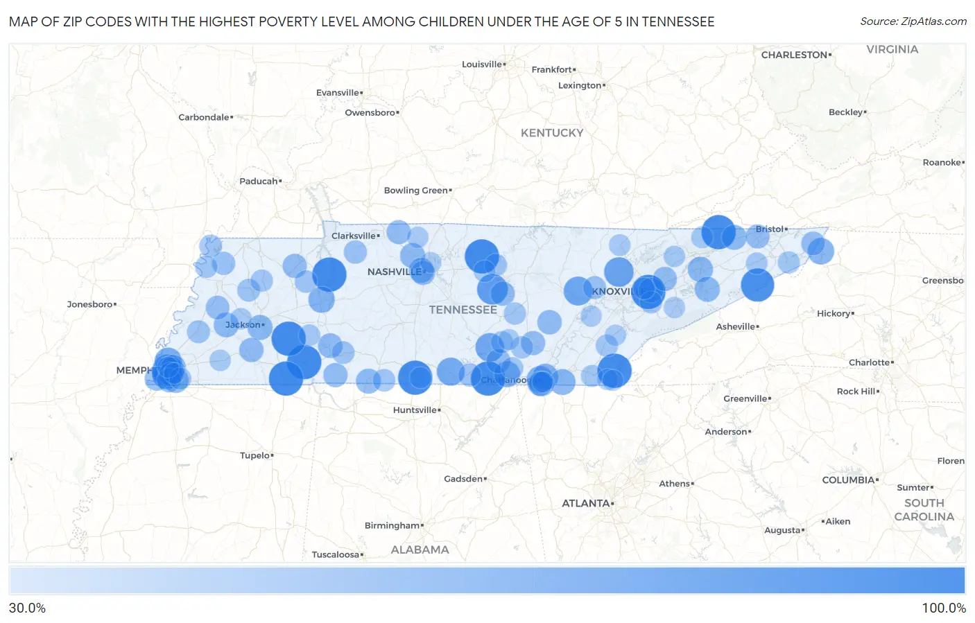 Zip Codes with the Highest Poverty Level Among Children Under the Age of 5 in Tennessee Map