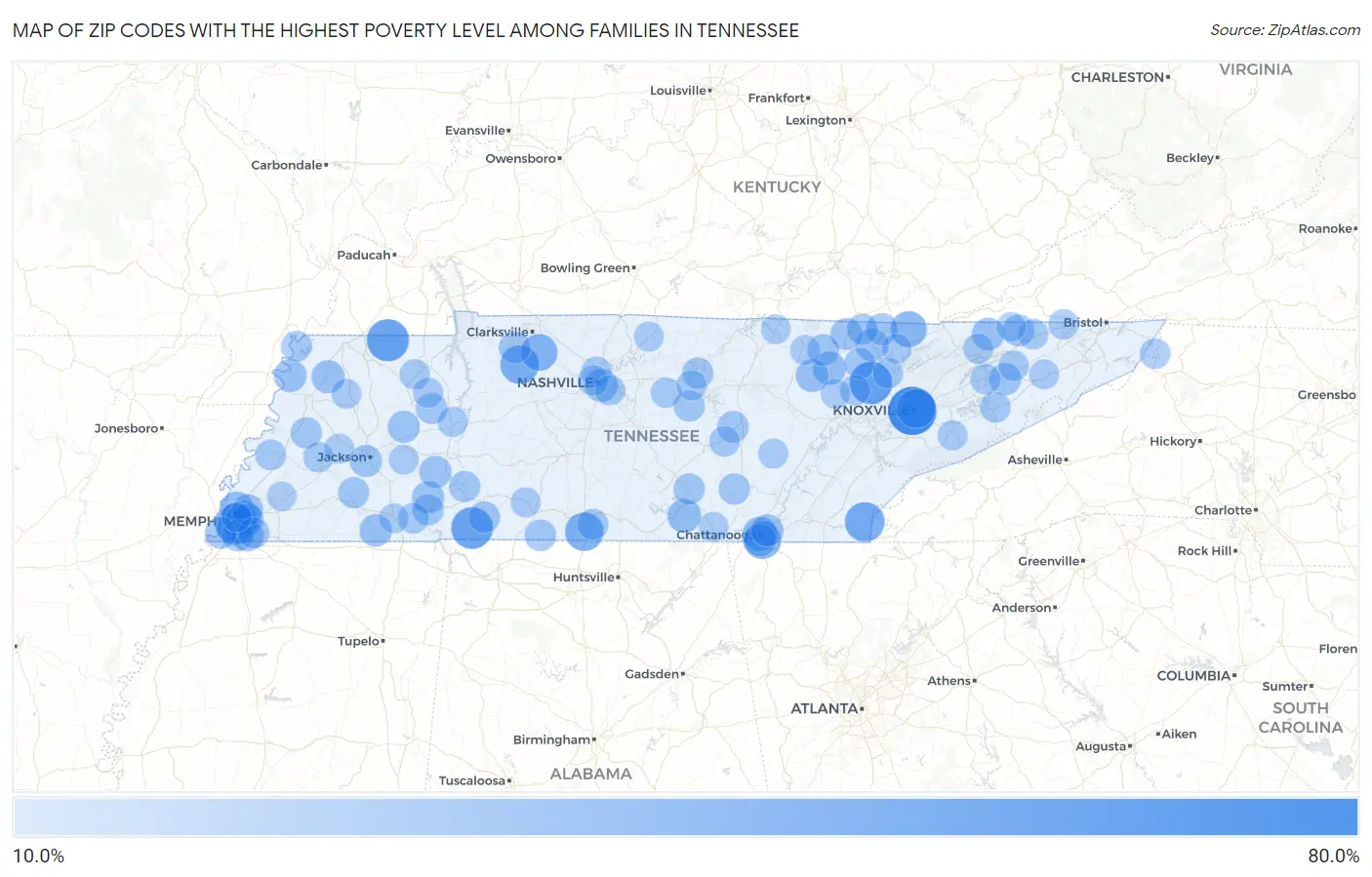 Zip Codes with the Highest Poverty Level Among Families in Tennessee Map