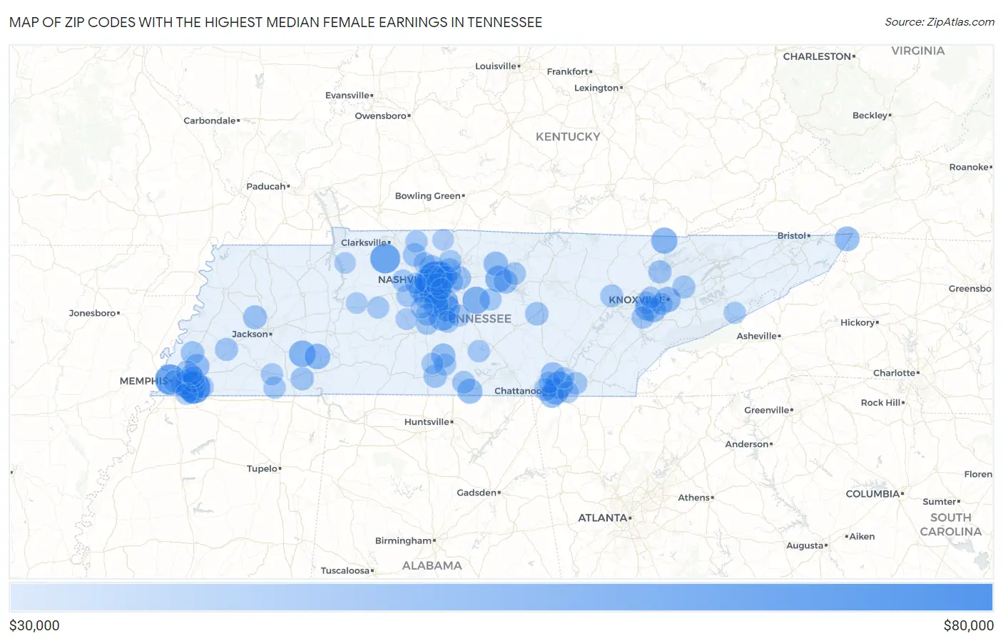 Zip Codes with the Highest Median Female Earnings in Tennessee Map