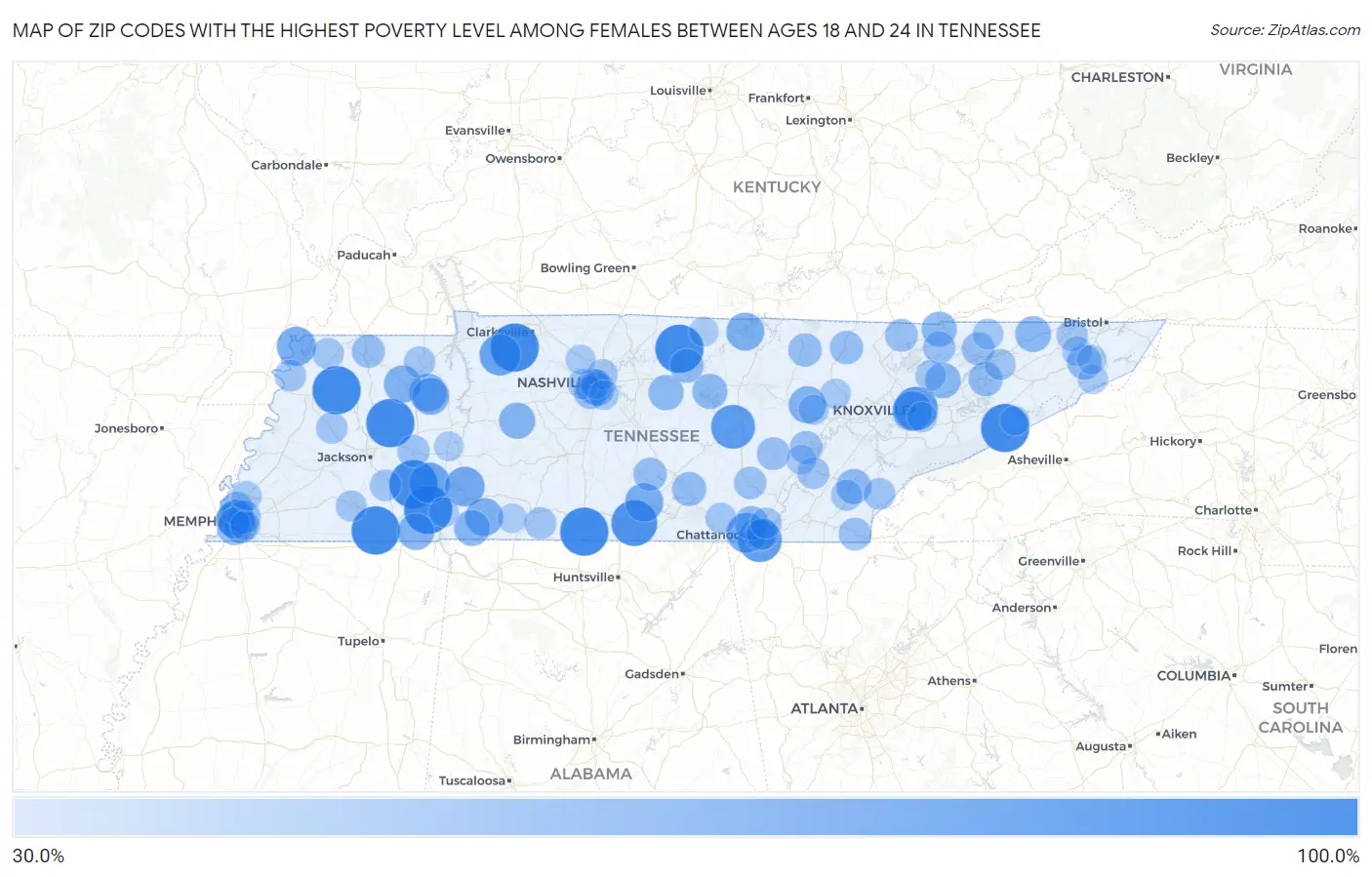 Zip Codes with the Highest Poverty Level Among Females Between Ages 18 and 24 in Tennessee Map