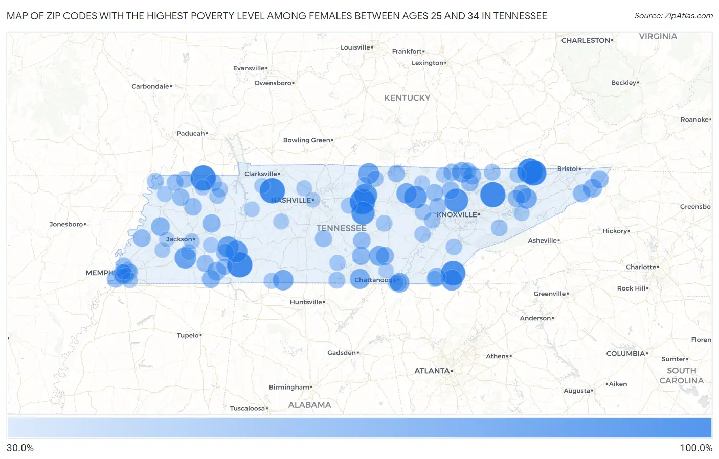 Zip Codes with the Highest Poverty Level Among Females Between Ages 25 and 34 in Tennessee Map