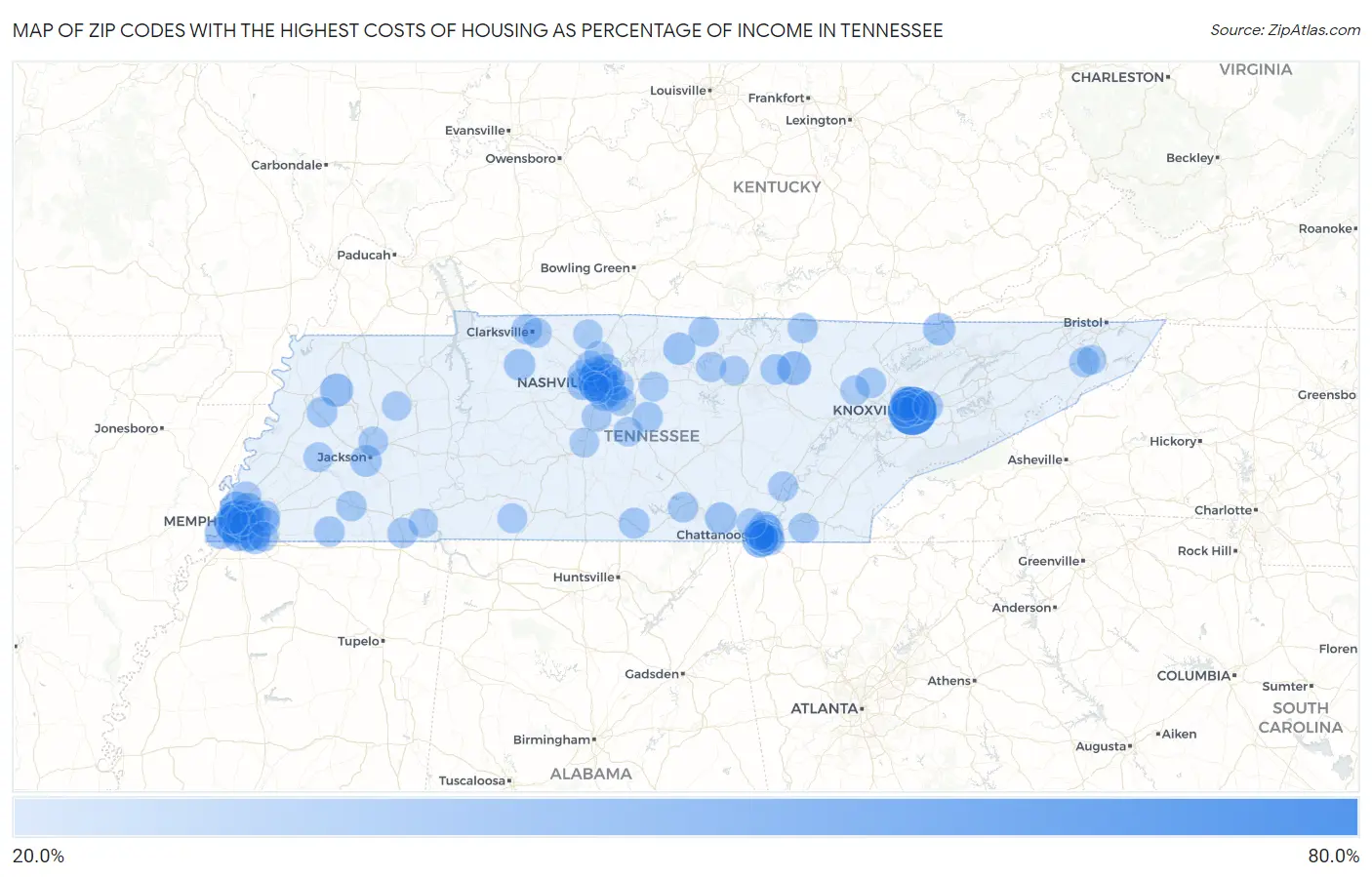 Zip Codes with the Highest Costs of Housing as Percentage of Income in Tennessee Map
