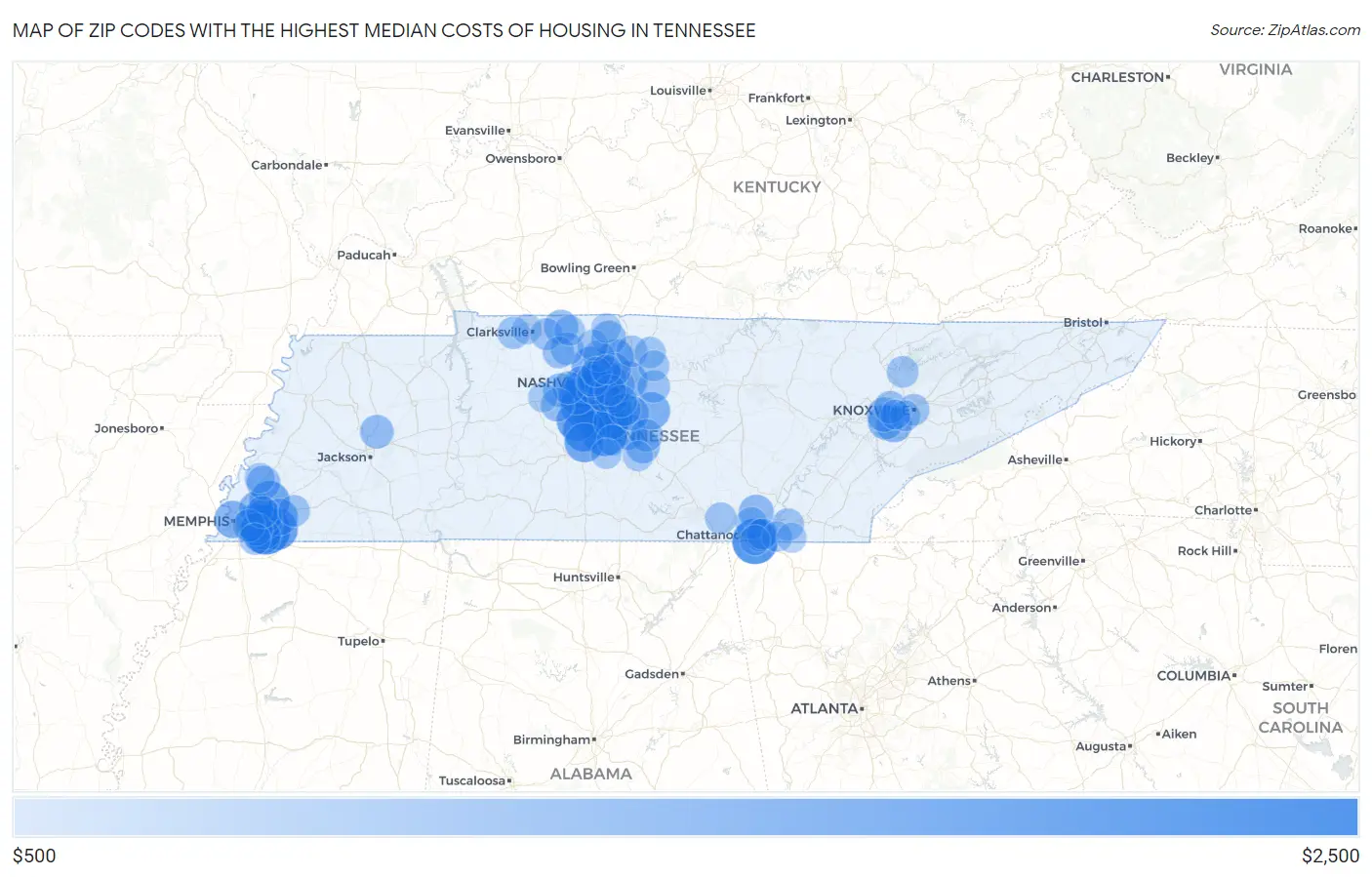 Zip Codes with the Highest Median Costs of Housing in Tennessee Map
