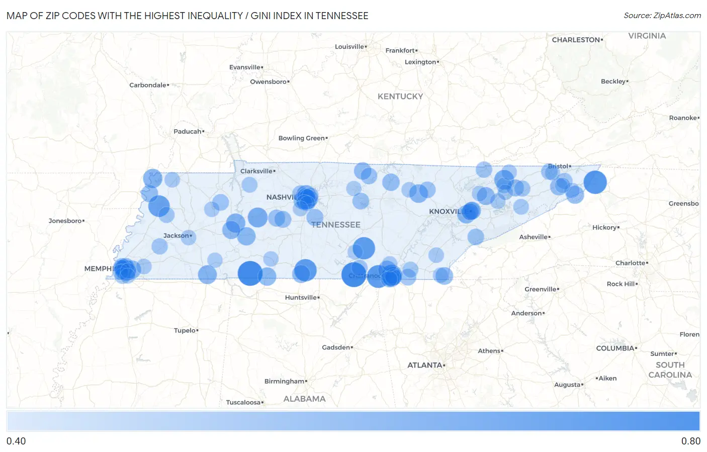 Zip Codes with the Highest Inequality / Gini Index in Tennessee Map