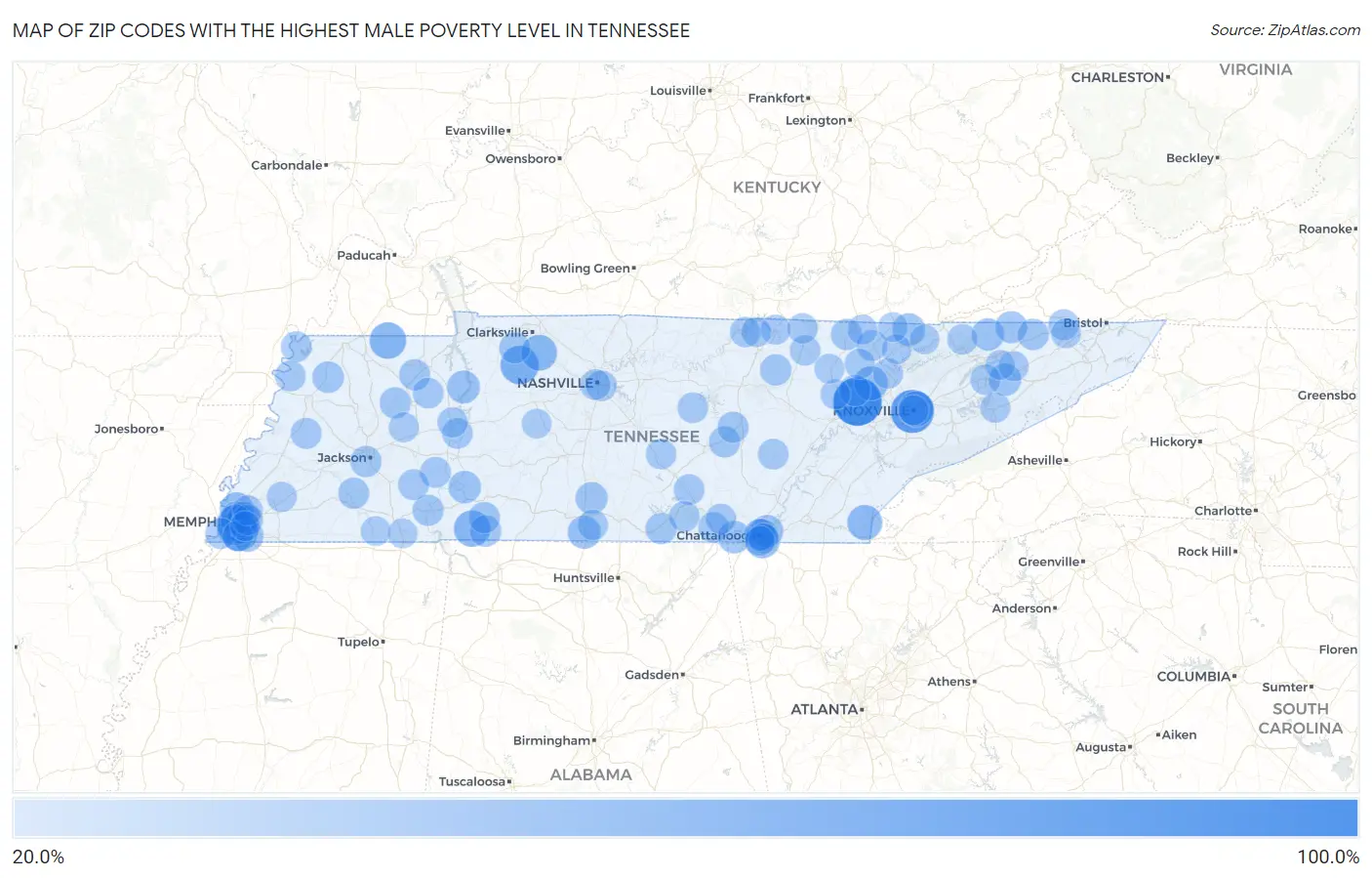 Zip Codes with the Highest Male Poverty Level in Tennessee Map