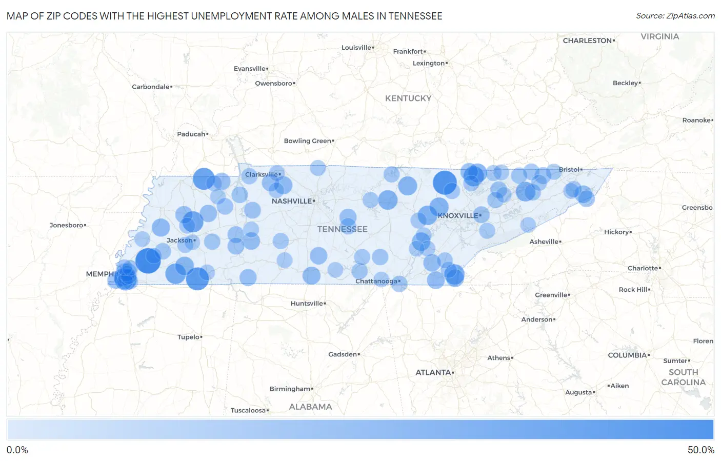 Zip Codes with the Highest Unemployment Rate Among Males in Tennessee Map