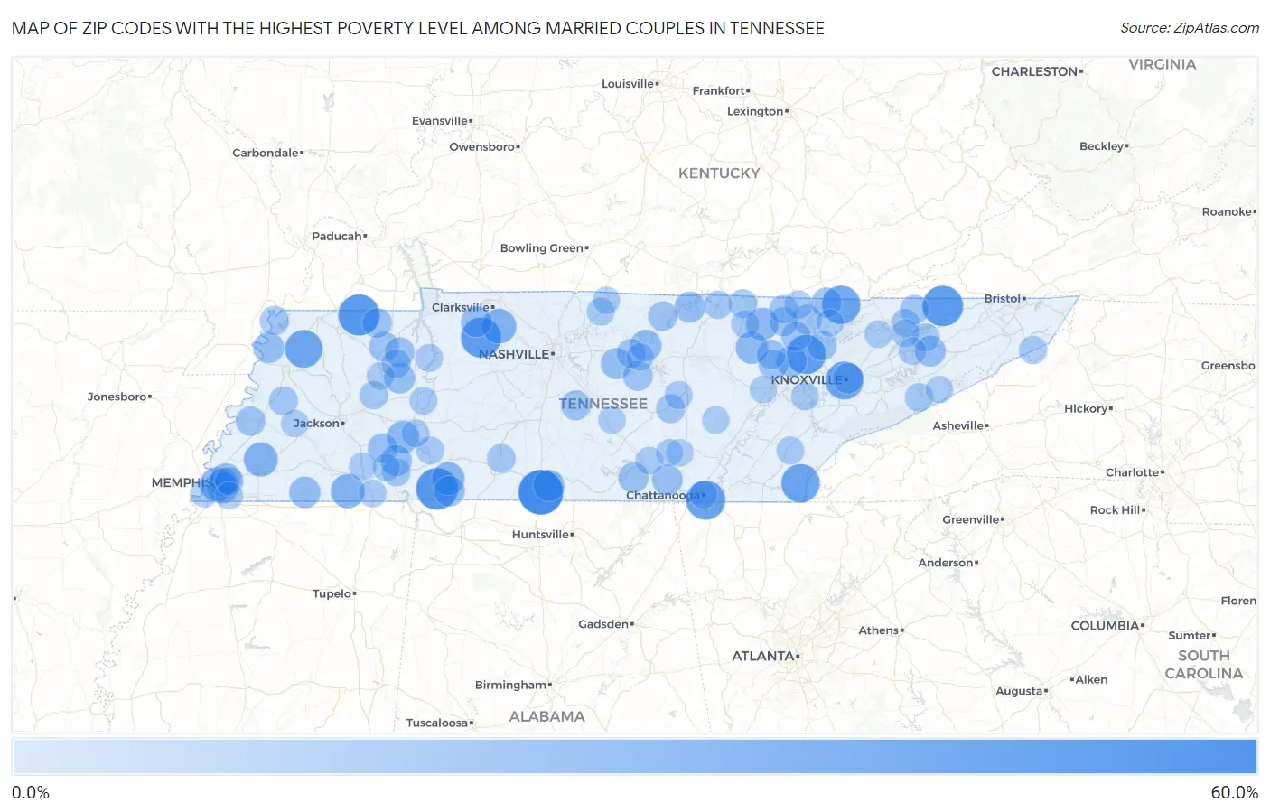 Zip Codes with the Highest Poverty Level Among Married Couples in Tennessee Map
