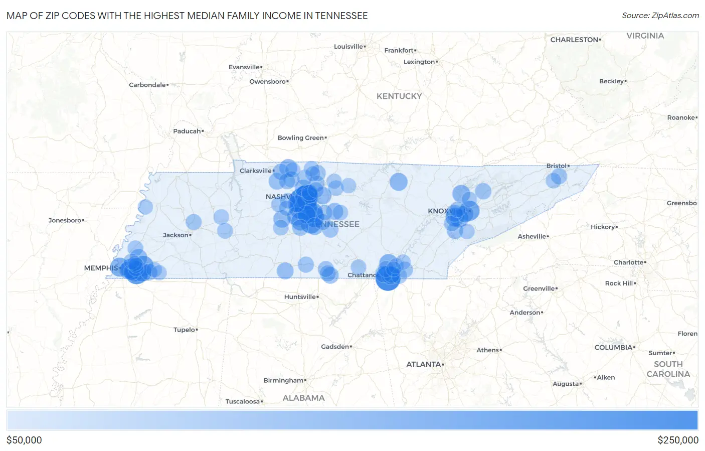Zip Codes with the Highest Median Family Income in Tennessee Map